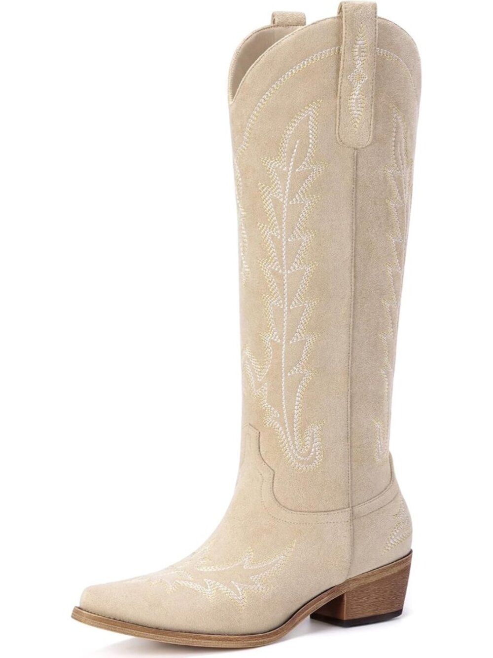 Women's Beige Suede Pointed Toe Chunky Heel Pull On Zipper Western Cowgirl Boots